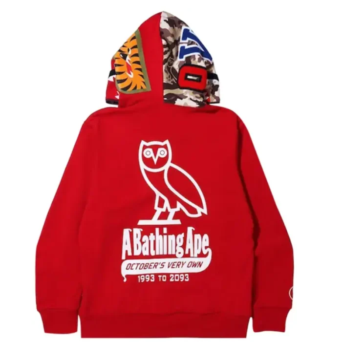 Ovo x Bape Woodland Camo Shark Reversible Red Hoodie-back