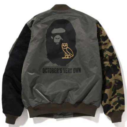 Ovo x Bape Loose Fit Olive Drab Bomber Jacket-back